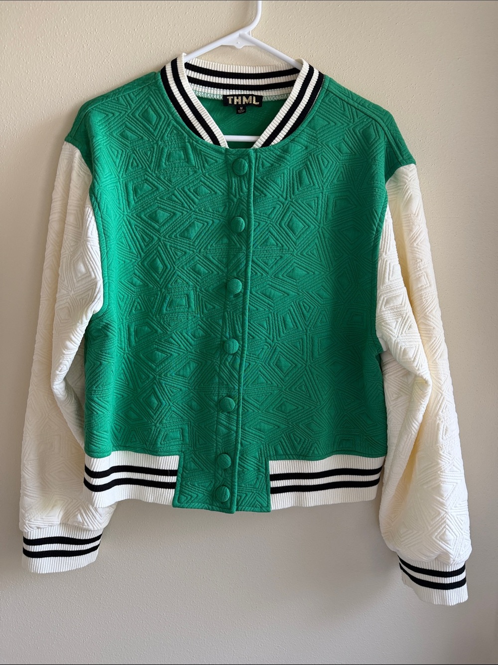 THML Green and Cream Quilted Varsity Jacket with Striped Trim